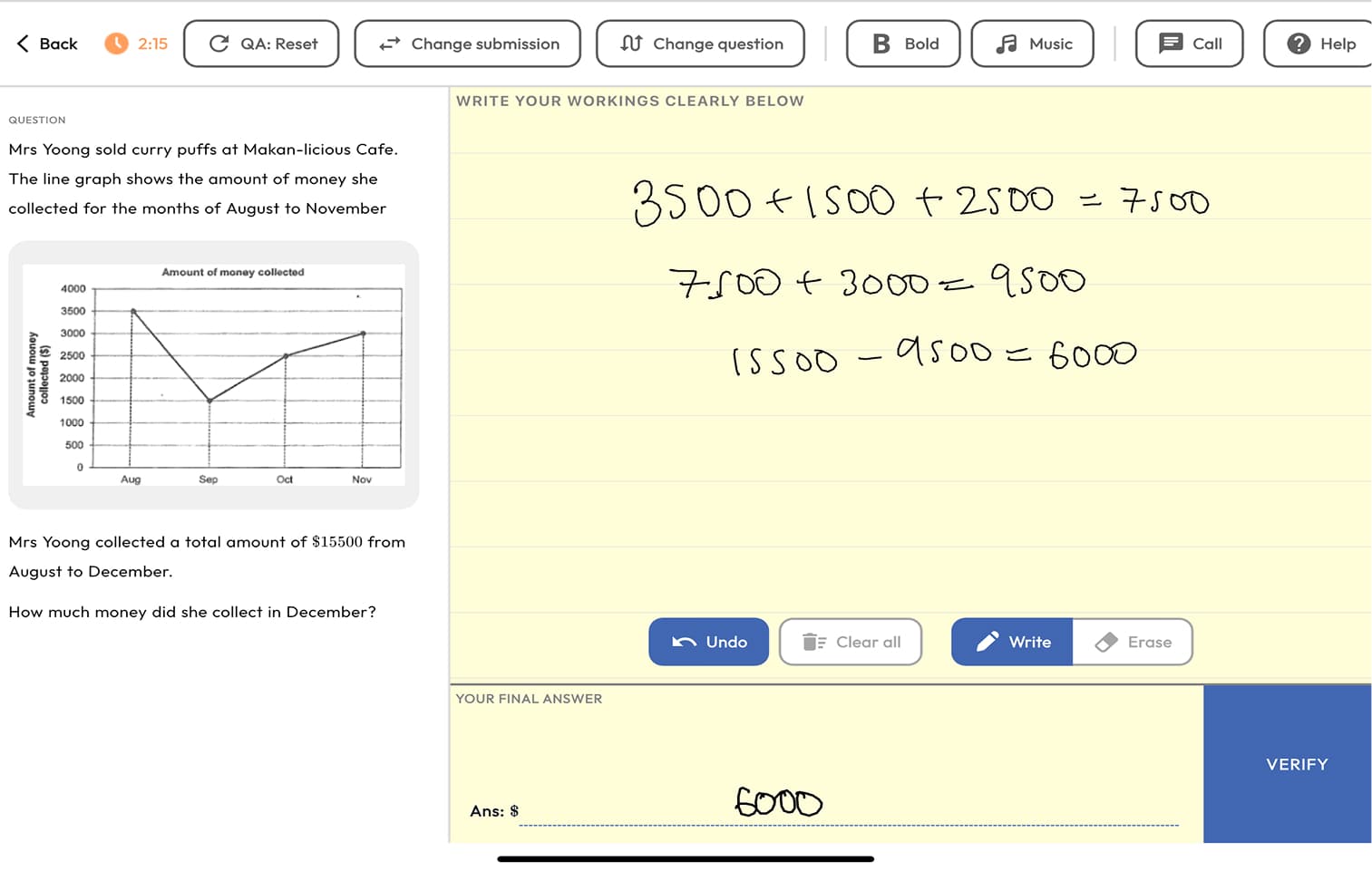 Growtrics Academy learning interface: a maths question beside a handwritten solution and answer verification