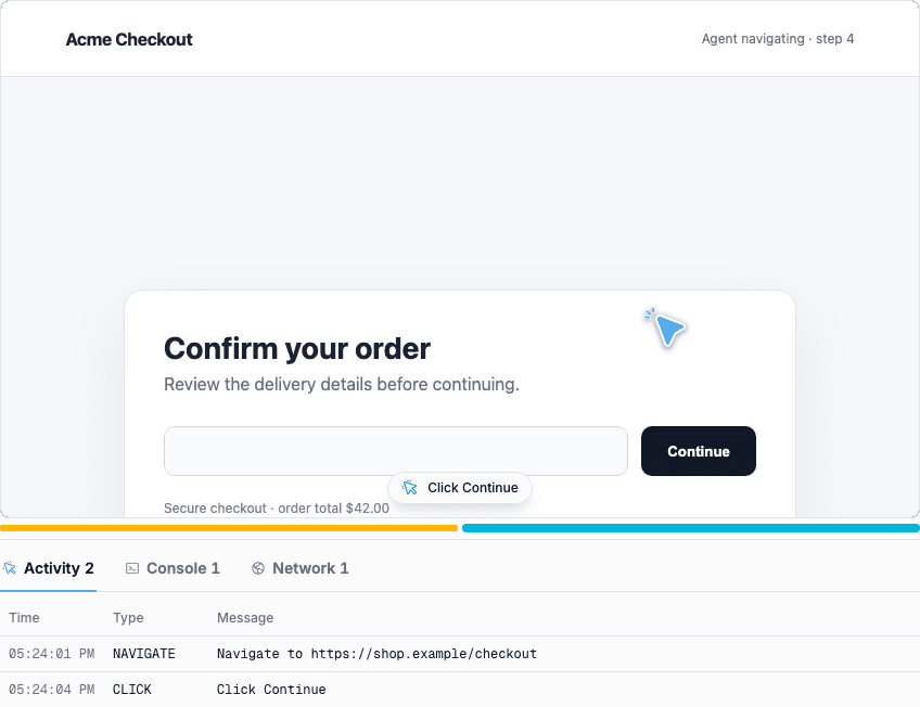 TaloTrace browser observation component showing a demo checkout, action cursor, and activity timeline